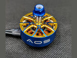 Detail shot of AOS RC Supernova motor logo, shaft assembly, and power leads