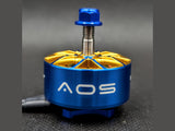 Close-up of AOS logo on blue Supernova 2810 motor with hex nut on silver shaft