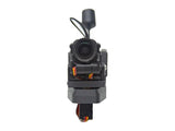Front view of AtomRC servo gimbal holding camera with visible antenna and wiring