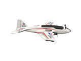 AtomRC Thresher Shark FPV fixed wing RC plane side view with forward-swept wings and red blue decals