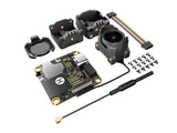 Flywoo DJI O4 Wide Air Unit disassembled parts showing ND8 lens, circuit board, and mounting brackets for micro FPV drones