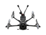 Front view of black Flywoo Explorer LR 4 V2 FPV drone with carbon fiber frame and antennas