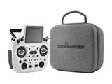 White Radiomaster GX15 radio controller displayed with gray fabric carrying case