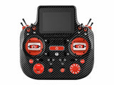 Radiomaster GX15 MAX RC transmitter in carbon fiber finish with red accents and buttons