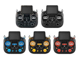 Collection of Radiomaster GX15 MAX radios in carbon fiber, translucent, and multi-color variants
