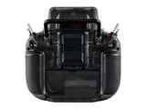 Back of Radiomaster GX15 MAX radio controller with leather grips and battery release mechanism