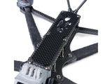Close-up of carbon fiber central deck with fabric-wrapped arms on itsFPV frame